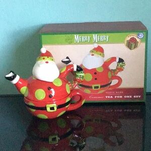 Cracker Barrel Santa Ceramic Tea For One Set Hand Painted